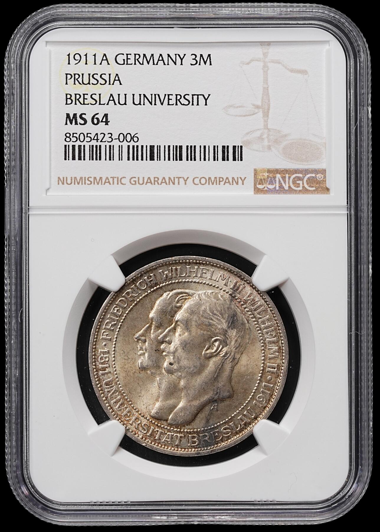 修遠堂世界钱币第八十一期 NGC MS64 1911年普鲁士布雷斯劳大学百年纪念3马克银币