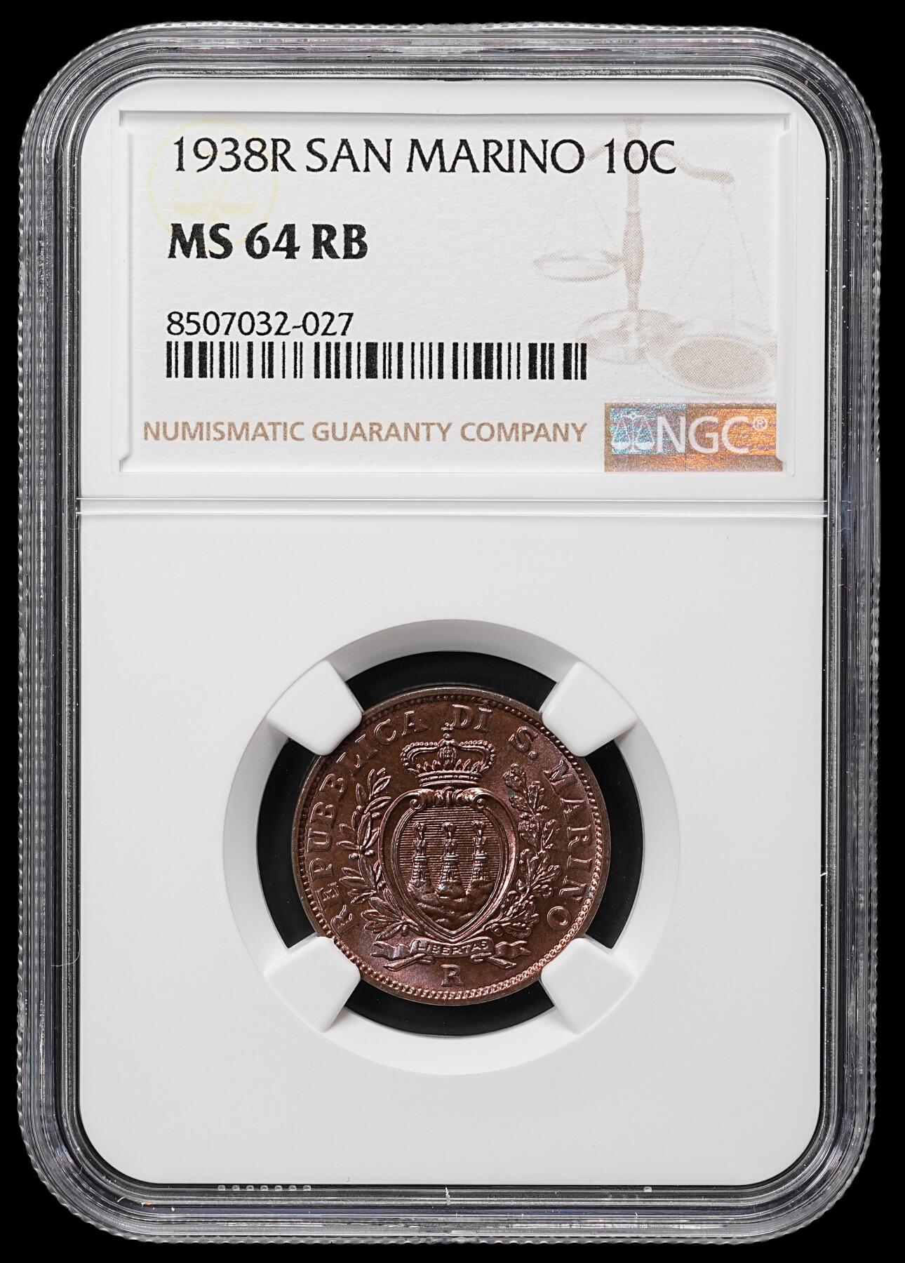 修遠堂世界钱币第八十一期 NGC MS64RB 1938年圣马力诺10分铜币