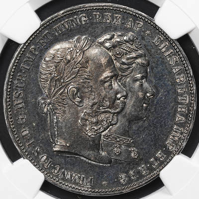 修遠堂世界钱币第八十一期 - NGC AU58 1879年奥匈帝国皇帝与茜茜公主银婚纪念2弗罗林大银币 通体重黑彩