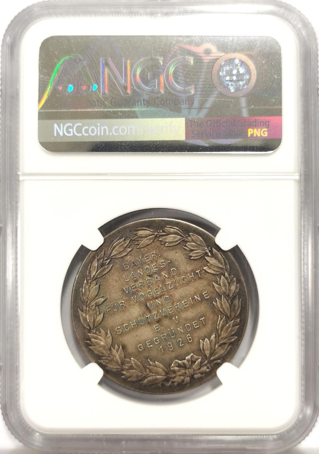博洋堂世界钱币拍卖第135期（全场包邮）【请留意本场发货时间变化】 NGC MS63 德国鸟类保护学会1926年银章，彼时德国尚未从一战中恢复，银制币章极其难得！