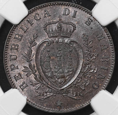 修遠堂世界钱币第八十一期 - NGC MS62BN 1864年圣马力诺5分铜币 少见年份 仅28万枚铸造量