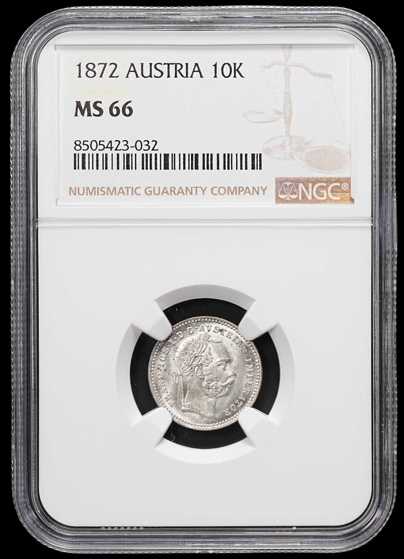 修遠堂世界钱币第八十一期 NGC MS66 1872年奥匈帝国10克鲁泽银币 