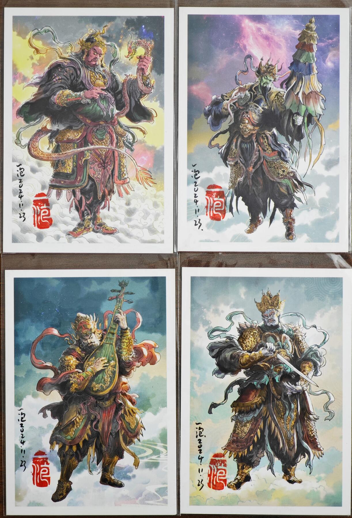 白泽拍卖卡牌手绘专场第22期中福卡展专场(离离暑云散，袅袅凉风起) 2024 一泡明信片4张  一泡亲签 钤印