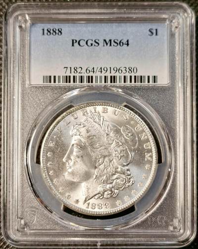 甄臻铺-世界币章拍卖（第29期），送拍享返佣金等优惠多多 - PCGS-MS64 1888年摩根，卷拆品相，吉祥年份