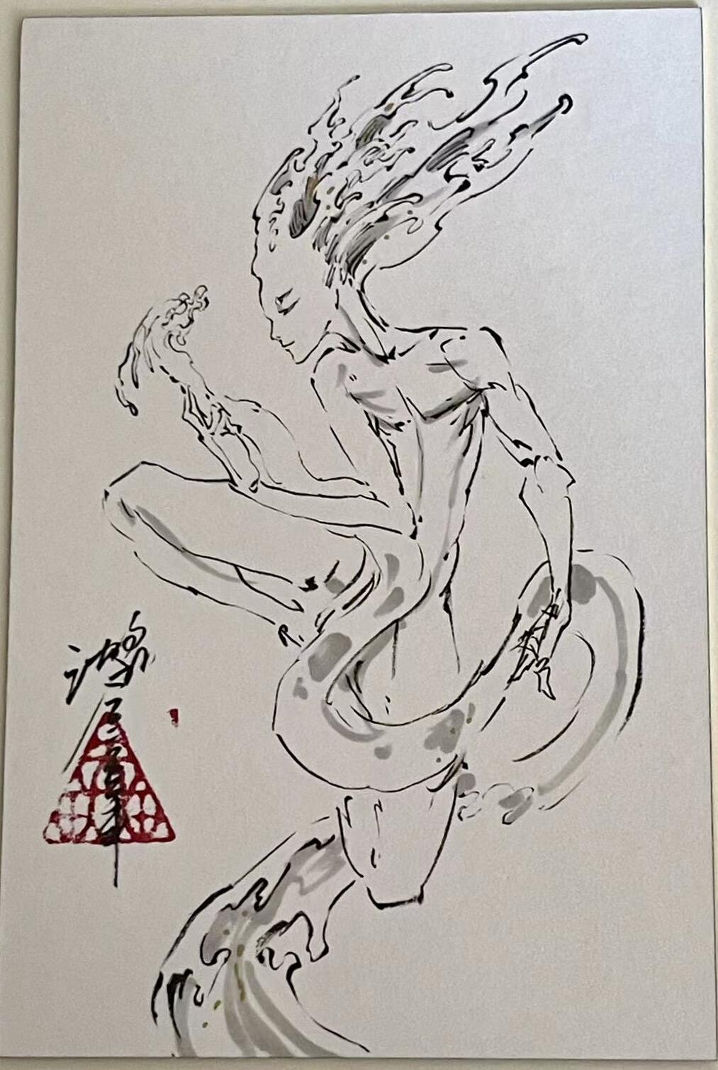 白泽拍卖卡牌手绘专场第22期中福卡展专场(离离暑云散，袅袅凉风起) 2025 沈鑫手绘画 水神共工 沈鑫亲签 尺寸：10cm*15cm