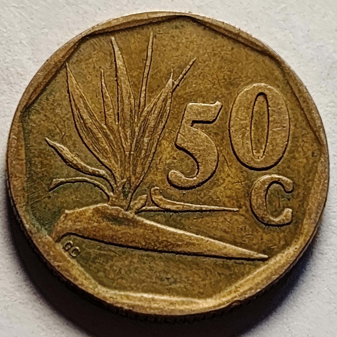 泉币菌-第85场-精品福利场 铜光美品 南非50分硬币 国徽九边形天堂鸟花(鹤望兰)22mm厚1.9mm