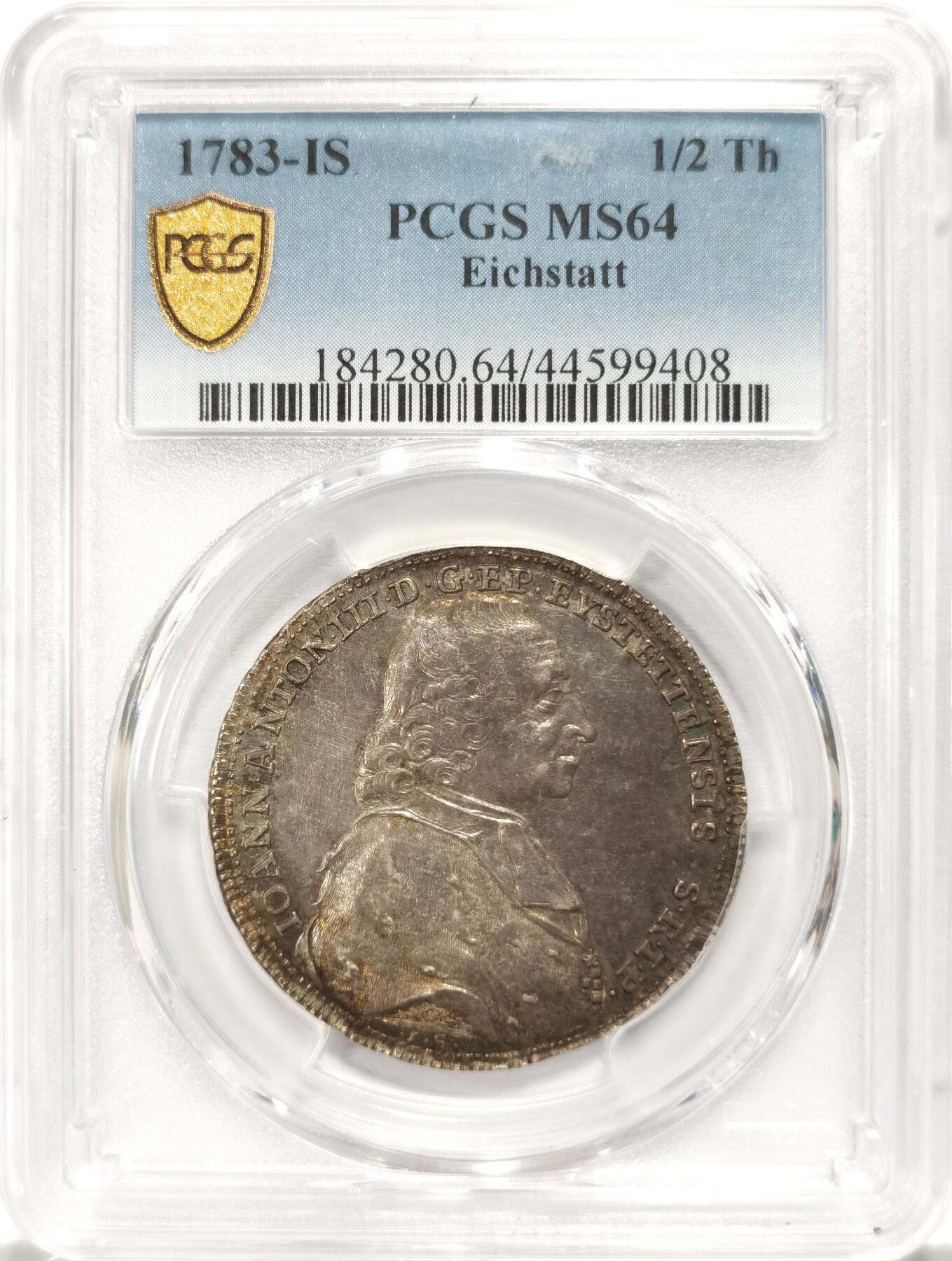 博洋堂世界钱币拍卖第135期（全场包邮）【请留意本场发货时间变化】 PCGS MS64 德国艾希斯塔特1783年1/2老泰勒银币，超级彩，稀少的品种，PCGS评级榜冠军分，唯一一枚！
