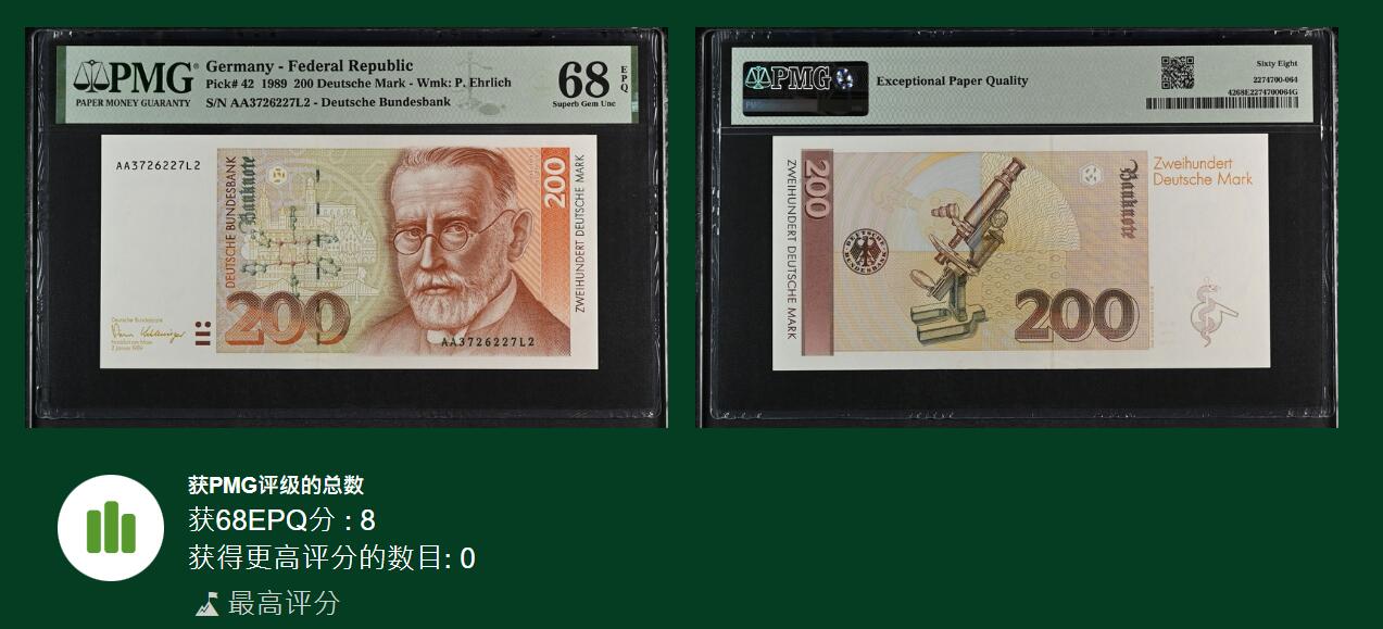 《艾美收藏》第208期-8.17周日外币精品荟萃 德国1989年AA冠200马克PMG68E冠军分无4 德国医学家埃尔利希