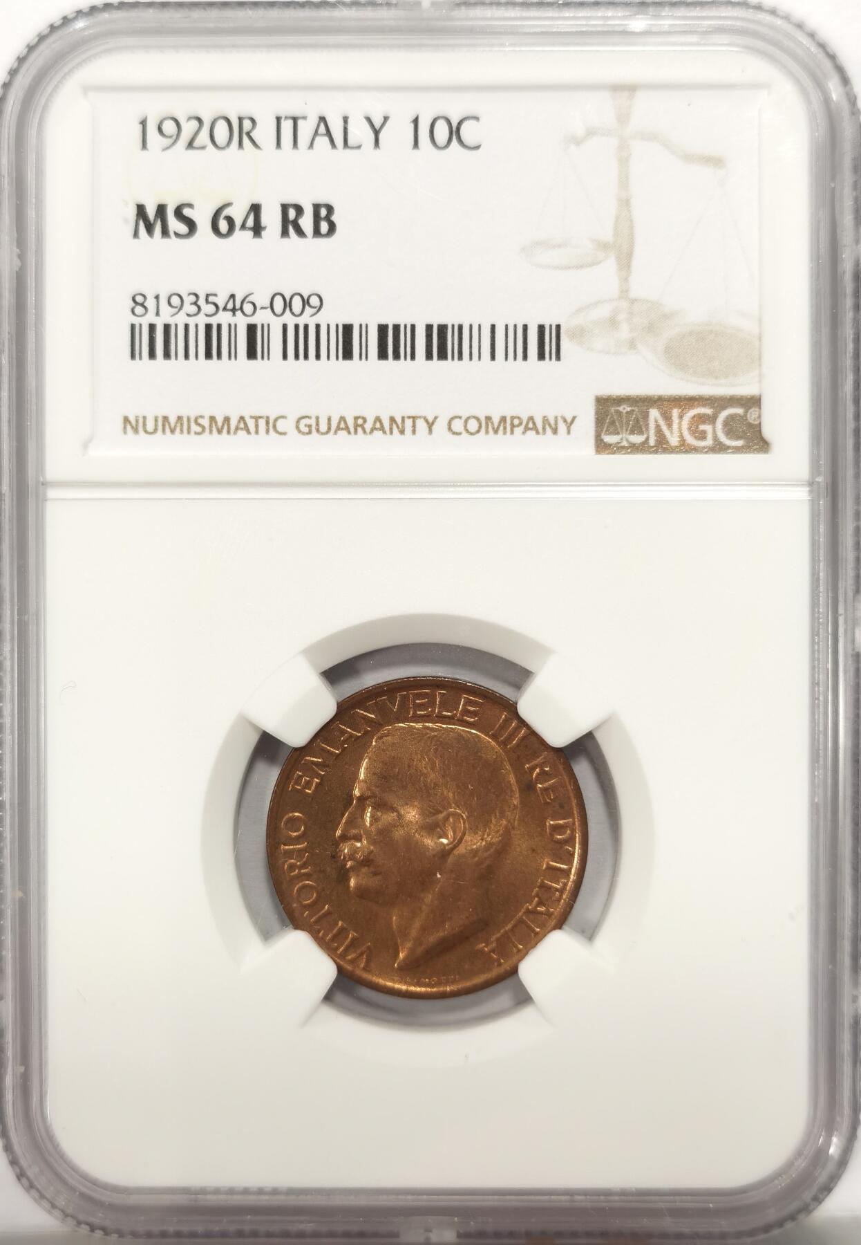 博洋堂世界钱币拍卖第135期（全场包邮）【请留意本场发货时间变化】 NGC MS64RB 意大利1920R蜜蜂10分铜币，BU卷拆状态