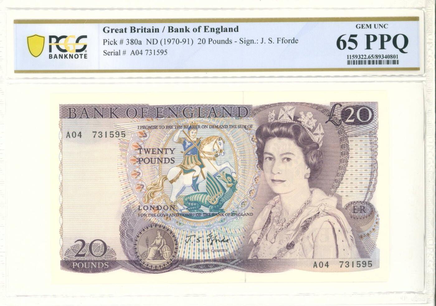 【礼羽收藏】🌏世界钱币拍卖第100期 英国 D 序列 20 磅，少见首签 JSForde，PCGS65 分，A04 冠
