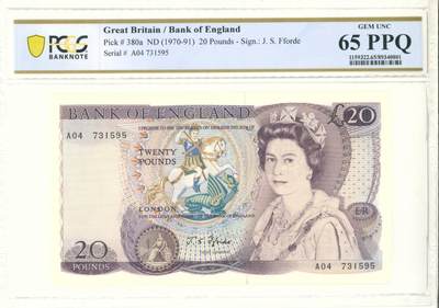 【礼羽收藏】🌏世界钱币拍卖第100期 - 英国 D 序列 20 磅，少见首签 JSForde，PCGS65 分，A04 冠