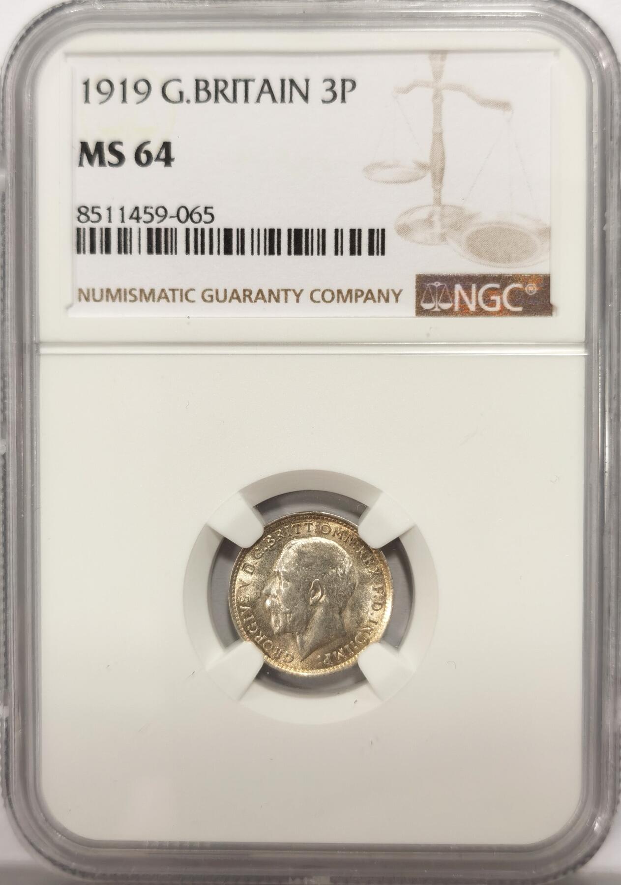 博洋堂世界钱币拍卖第135期（全场包邮）【请留意本场发货时间变化】 NGC MS64 英国1919乔治五世高银版三便士，银光锐利，64的分数在乔治五世早期辅币中较少见