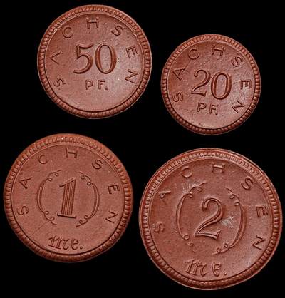 修遠堂世界钱币第八十一期 - 1921年德国紧急时期萨克森陶瓷币四枚 完全未流通