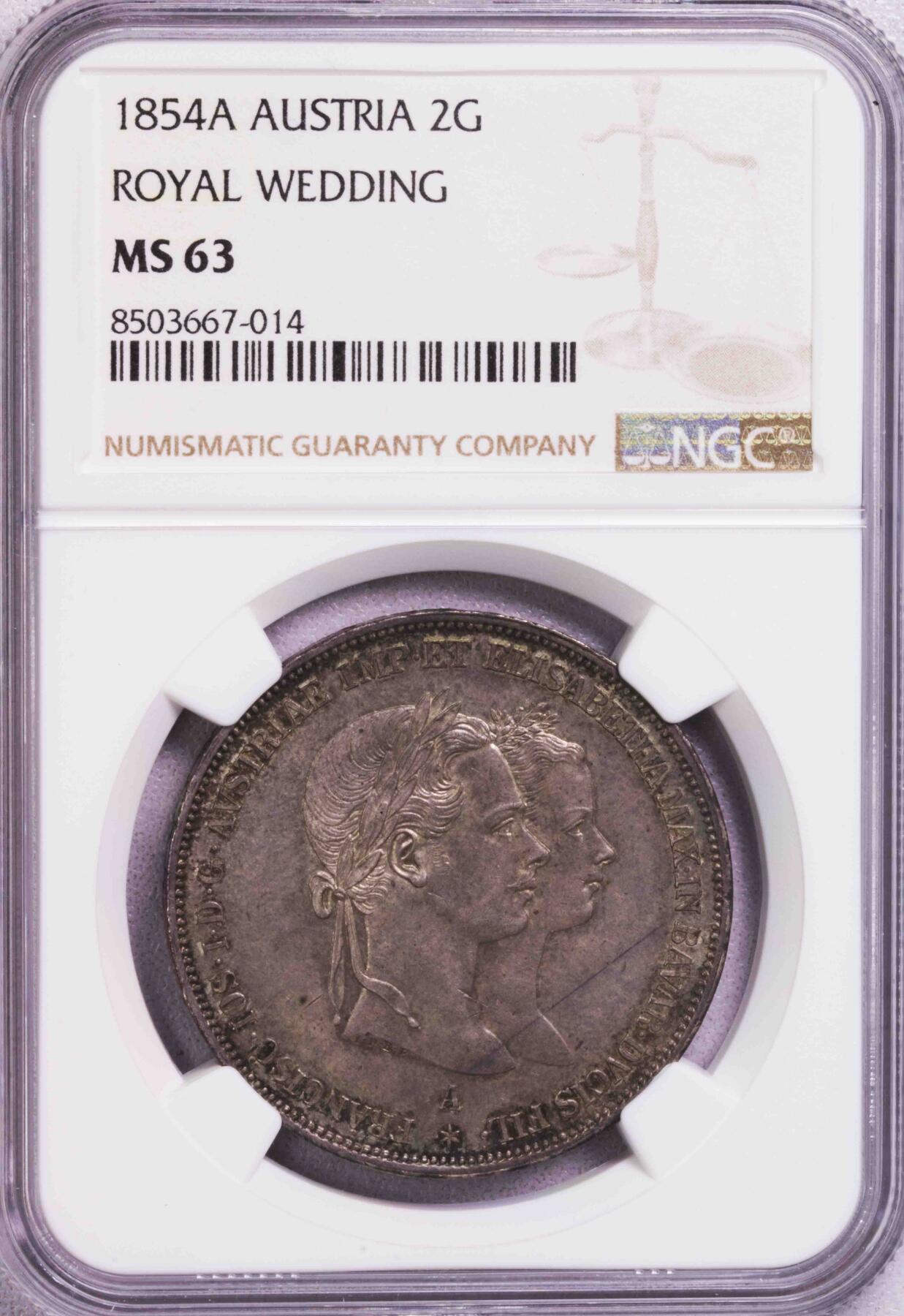 NGC-MS63 1854奥地利茜茜公主结婚纪念2福林大银币
