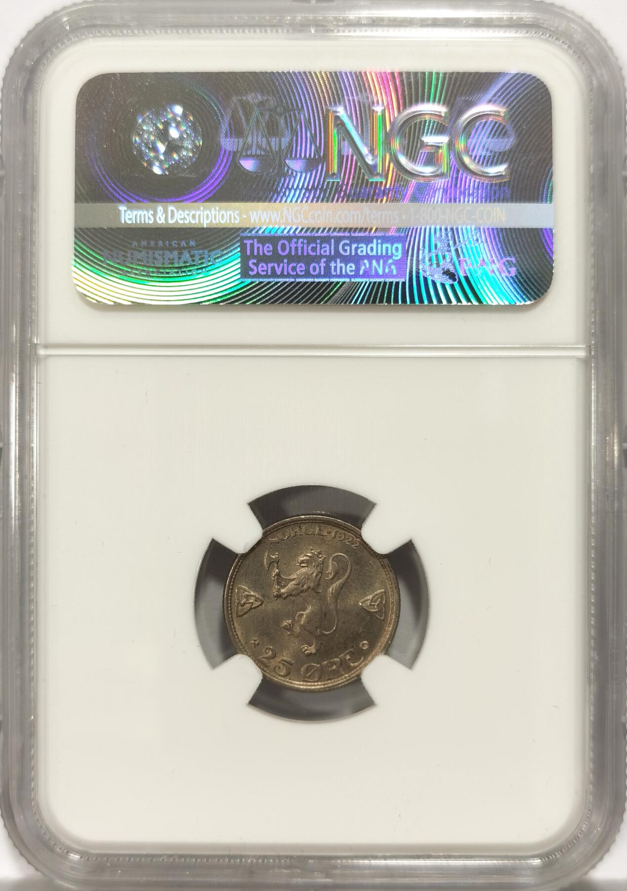 博洋堂世界钱币拍卖第135期（全场包邮）【请留意本场发货时间变化】 NGC MS62 挪威1922年25欧尔无孔版，少见品种