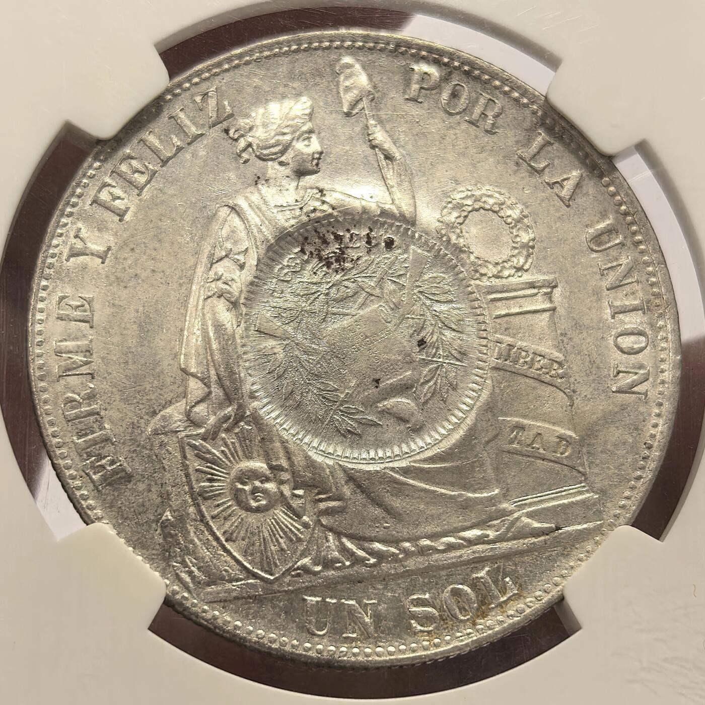 博洋堂世界钱币拍卖第135期（全场包邮）【请留意本场发货时间变化】 NGC MS62 危地马拉1894年1比索加盖银币，加盖在秘鲁1885年1索尔银币上，美洲热门加盖品种，高分难得