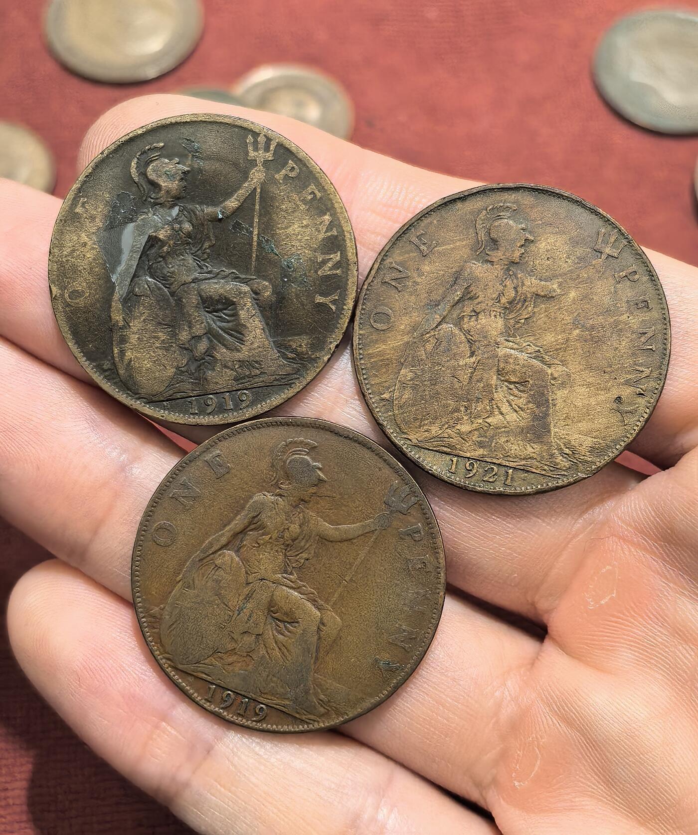 南宋泉阁俄币 外币 国币 专场第十六期【送拍无额外佣金】 英国 1919-1921年 乔治五世1便士一组三枚 通货好品 