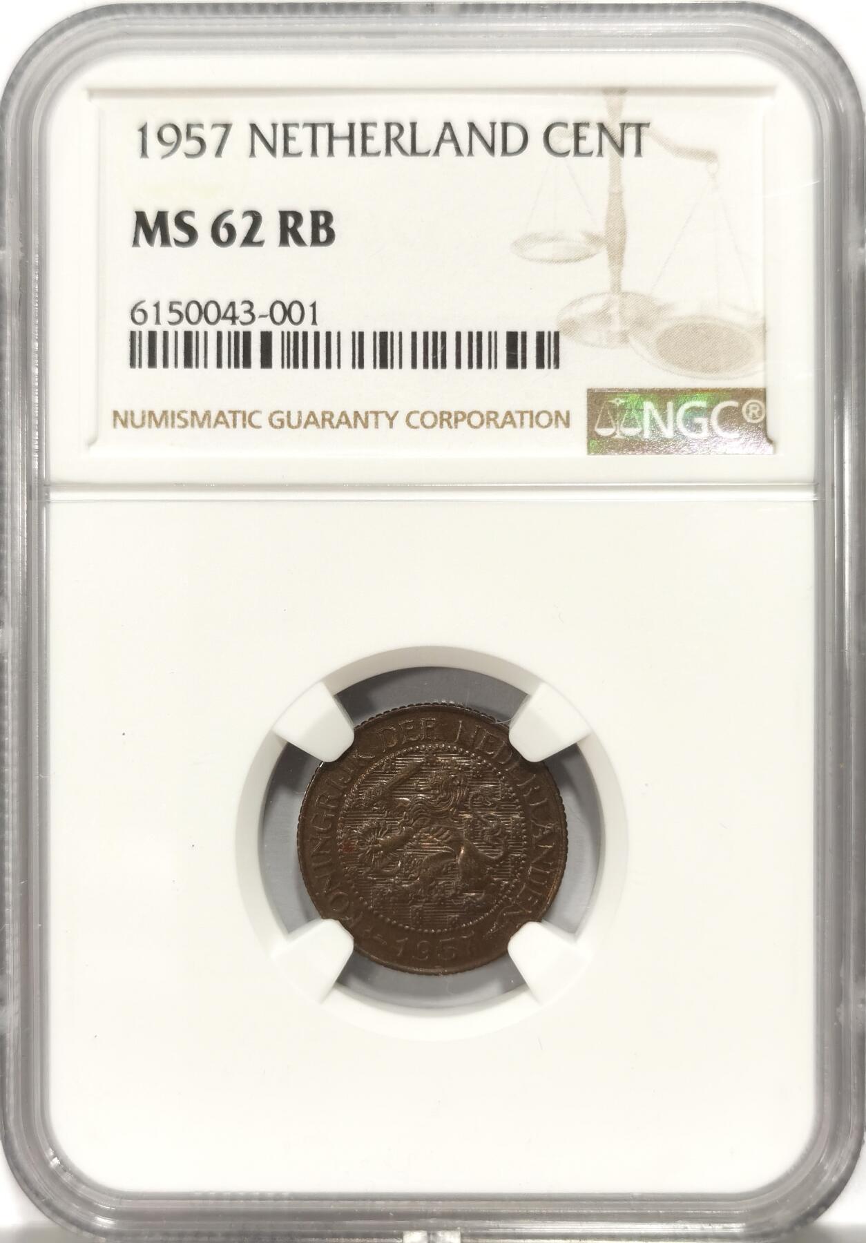 博洋堂世界钱币拍卖第135期（全场包邮）【请留意本场发货时间变化】 NGC MS62RB 荷属苏里南1957年1分铜币（乌德勒支造币厂1957-60年铸造荷兰狮徽1分专用于荷属苏里南地区克书编号KM10a）