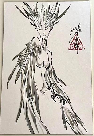 白泽拍卖卡牌手绘专场第22期中福卡展专场(离离暑云散，袅袅凉风起) - 2025 沈鑫手绘画 鸟身人面山神 沈鑫亲签 尺寸：10cm*15cm