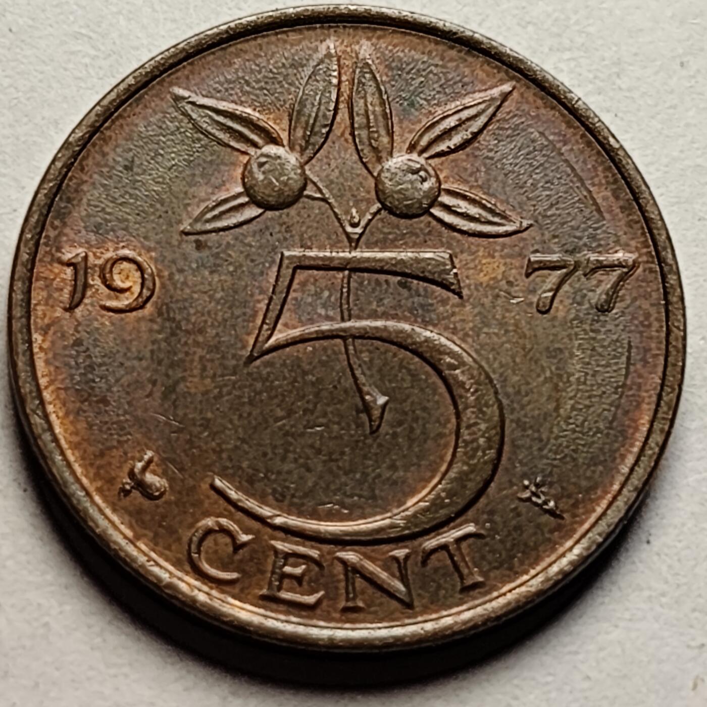 泉币菌-第85场-精品福利场 极美 荷兰王国 1977年5分 橙子 朱丽安娜女王 公鸡&星星暗记 青铜币 21mm 