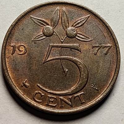泉币菌-第85场-精品福利场 - 极美 荷兰王国 1977年5分 橙子 朱丽安娜女王 公鸡&星星暗记 青铜币 21mm 