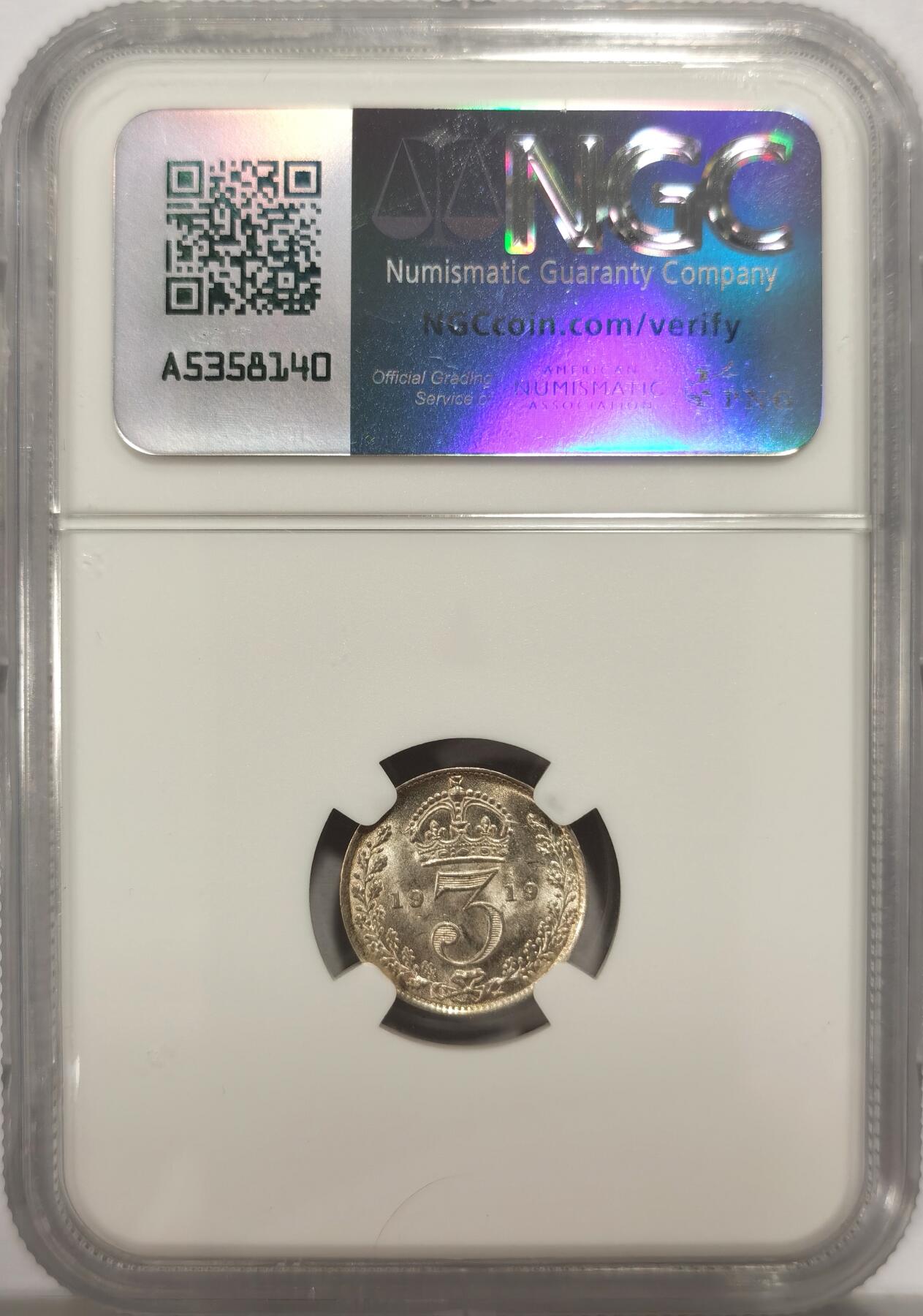 博洋堂世界钱币拍卖第135期（全场包邮）【请留意本场发货时间变化】 NGC MS64 英国1919乔治五世高银版三便士，银光锐利，64的分数在乔治五世早期辅币中较少见