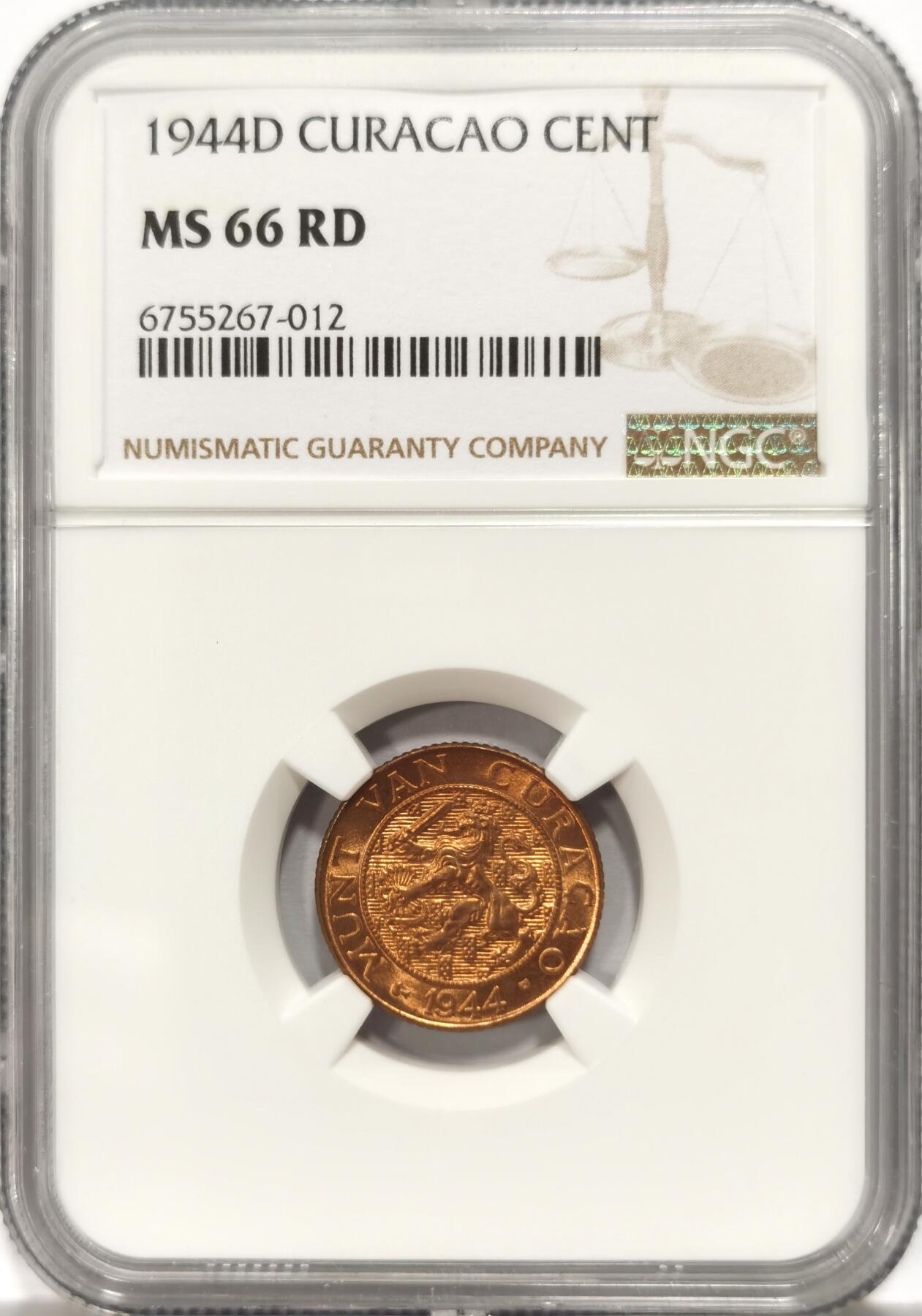 博洋堂世界钱币拍卖第135期（全场包邮）【请留意本场发货时间变化】 NGC MS66RD 荷属库拉索1944年1分铜币，亚军分！