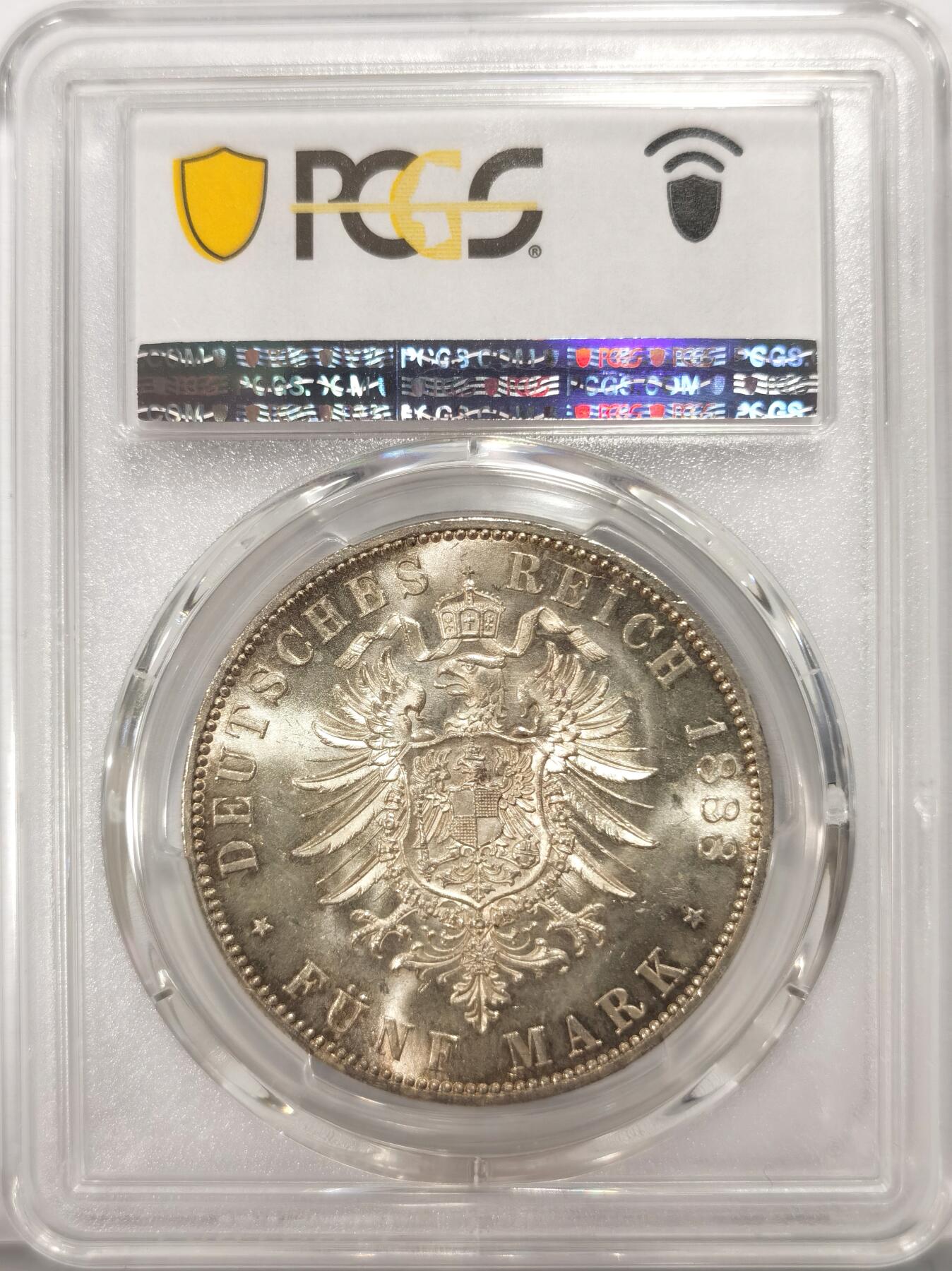 博洋堂世界钱币拍卖第135期（全场包邮）【请留意本场发货时间变化】 PCGS MS64 德国普鲁士1888年弗里德里希短翅鹰流通5马克银币，大热门品种，淡彩。