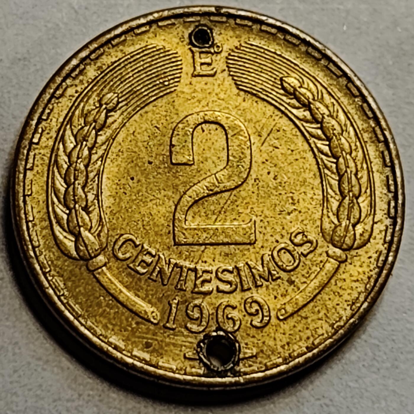 泉币菌-第83场-精品福利场 老打孔 1969年 智利 2分黄铜币 飞鹰 20mm 