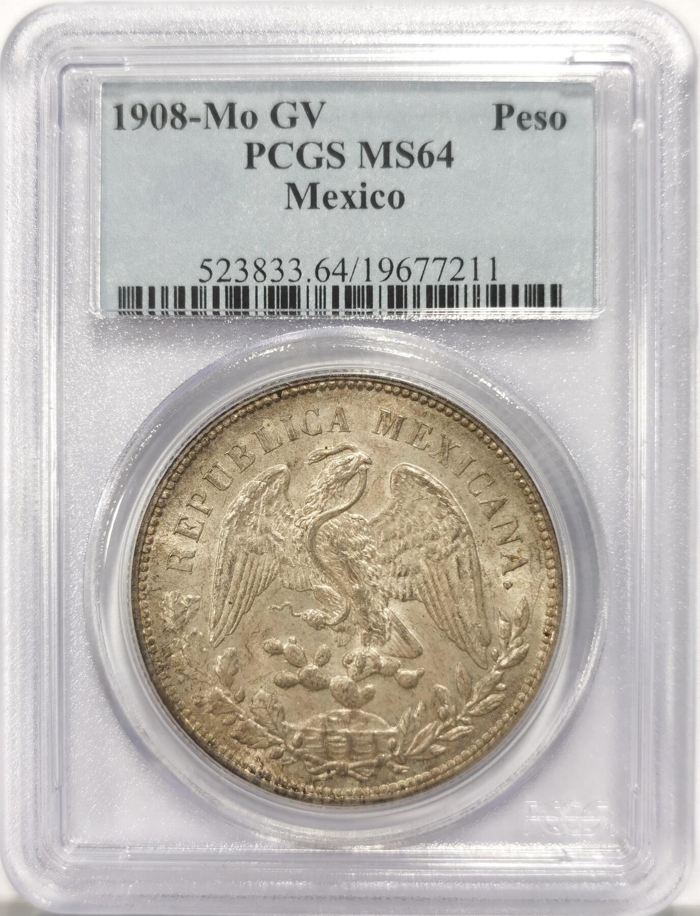 博洋堂世界钱币拍卖第135期（全场包邮）【请留意本场发货时间变化】 PCGS MS64 墨西哥1908MO GV版直边鹰洋 高分原味深打好状态 老盒子严评