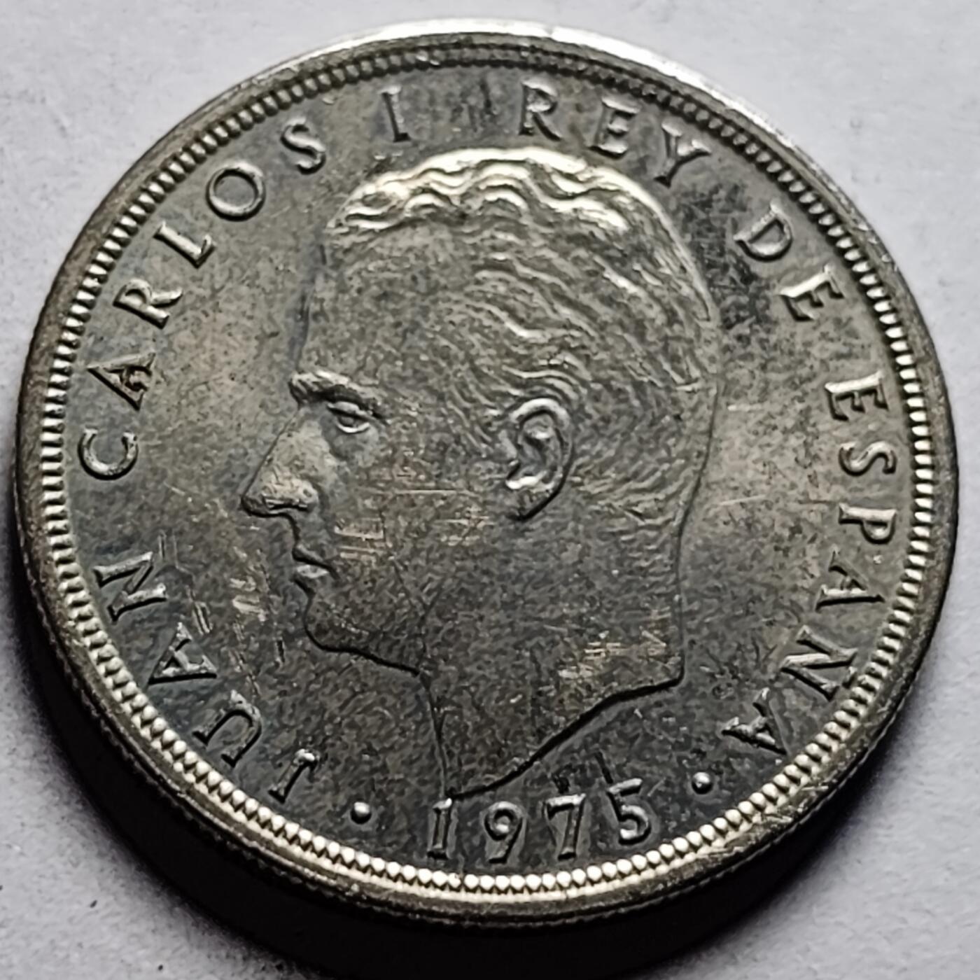泉币菌-第86场-散币欢乐场 原光美品 西班牙1975年 5比塞塔镍币 卡洛斯一世 23mm  西班牙国徽