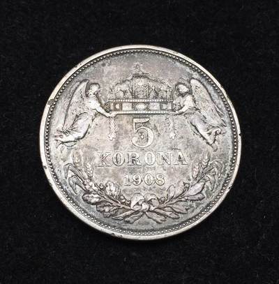 世界钱币专场拍卖 - 1908奥匈帝国弗朗茨双天使5克朗流通银币 