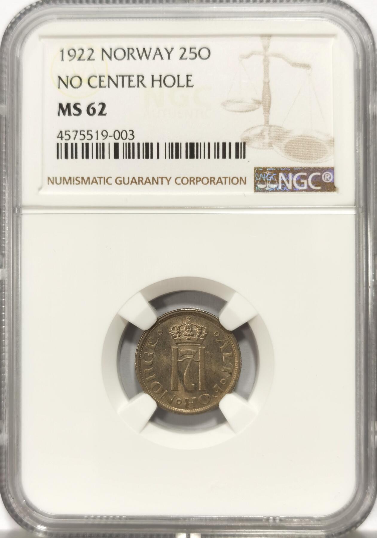 博洋堂世界钱币拍卖第135期（全场包邮）【请留意本场发货时间变化】 NGC MS62 挪威1922年25欧尔无孔版，少见品种