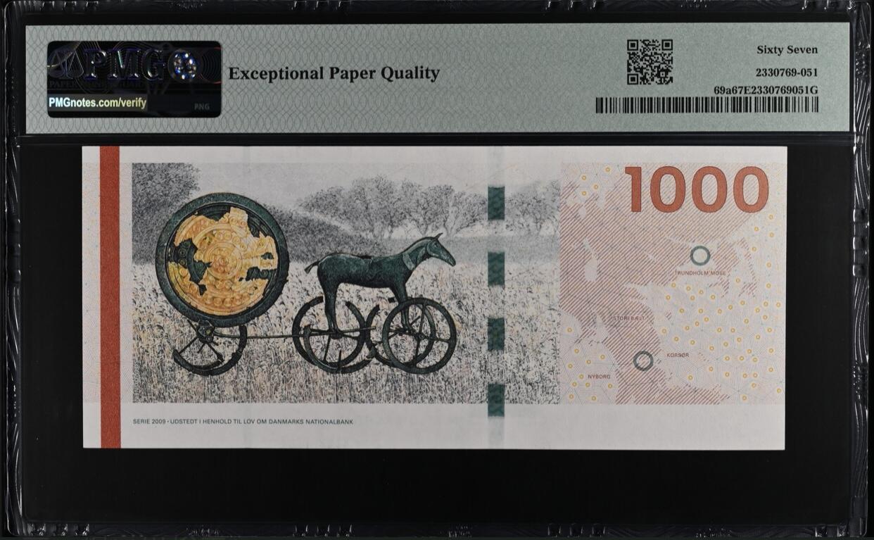 【礼羽收藏】🌏世界钱币拍卖第100期 【PMG67】欧洲，丹麦，2011年，1000克朗，桥版，号码无4