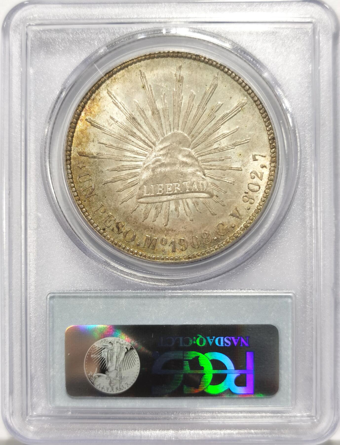 博洋堂世界钱币拍卖第135期（全场包邮）【请留意本场发货时间变化】 PCGS MS64 墨西哥1908MO GV版直边鹰洋 高分原味深打好状态 老盒子严评