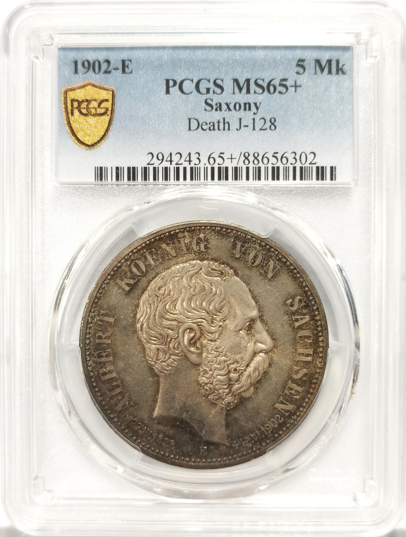 博洋堂世界钱币拍卖第135期（全场包邮）【请留意本场发货时间变化】 PCGS MS65+ 德国萨克森1902年阿尔伯特大公逝世5马克银币，高分，炫彩！