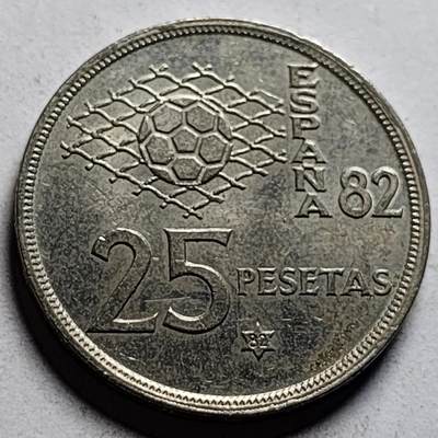 泉币菌-第86场-散币欢乐场 - 西班牙1980年25比塞塔 第12届世界杯 纪念币 卡洛斯一世 铜镍币 硬币26.5mm 