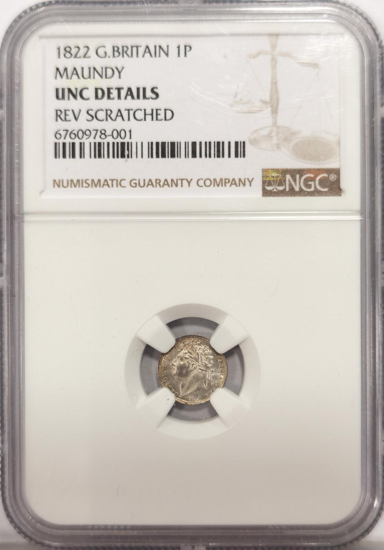 博洋堂世界钱币拍卖第135期（全场包邮）【请留意本场发货时间变化】 NGC UNCD 英国1822年乔治四世一便士濯足币，整体霜光，有64的状态，有一条不显眼的小划