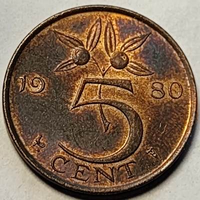 泉币菌-第83场-精品福利场 - 铜底光 极美 荷兰王国 1980年5分 橙子 朱丽安娜女王 公鸡&星星暗记 青铜币 21mm 
