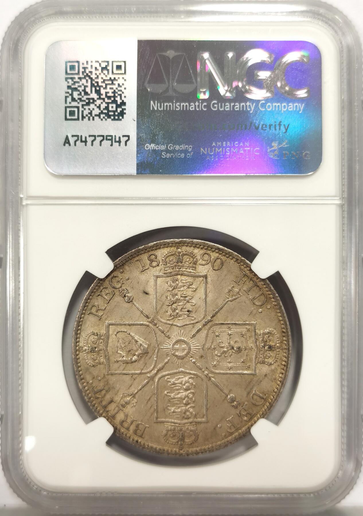 博洋堂世界钱币拍卖第135期（全场包邮）【请留意本场发货时间变化】 NGC MS62 英国1890维多利亚高冠双弗洛林，好年份，MS的1890稀奇上只出现过一次，和常见的1887不是一个数量级，背面布袋包浆状态惊艳，有63-64的状态，集高冠年份的不可错过