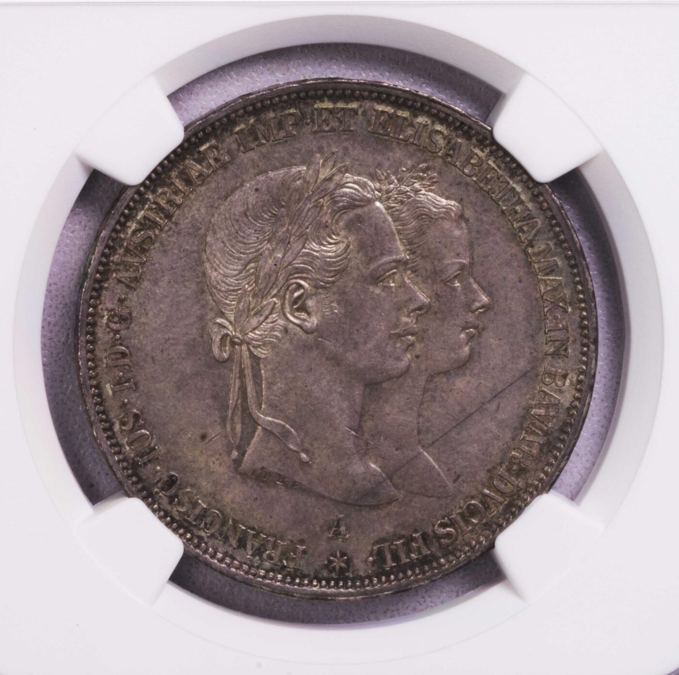 NGC-MS63 1854奥地利茜茜公主结婚纪念2福林大银币