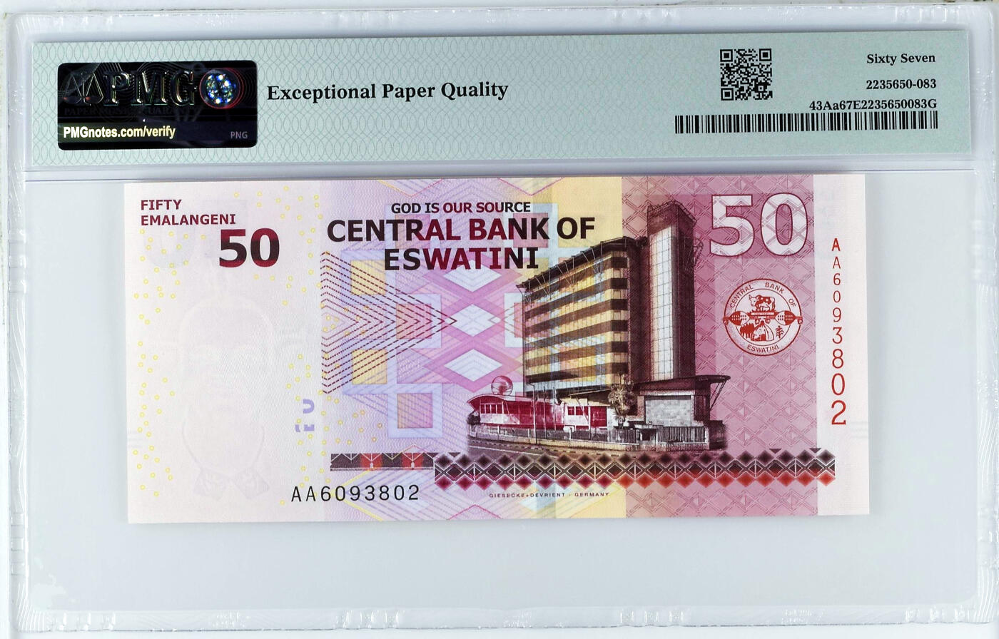 【Blue Auction】世界纸币精拍第709期——18级TOP拍卖/信誉/品质/专业/高效💫 【AA无47】斯威士兰 2018年50E PMG67EPQ 高分