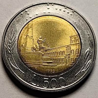 泉币菌-第86场-散币欢乐场 - 原光极美 世界首枚双色币 意大利1995年500里拉 罗马建筑雕像 广场 25.8mm