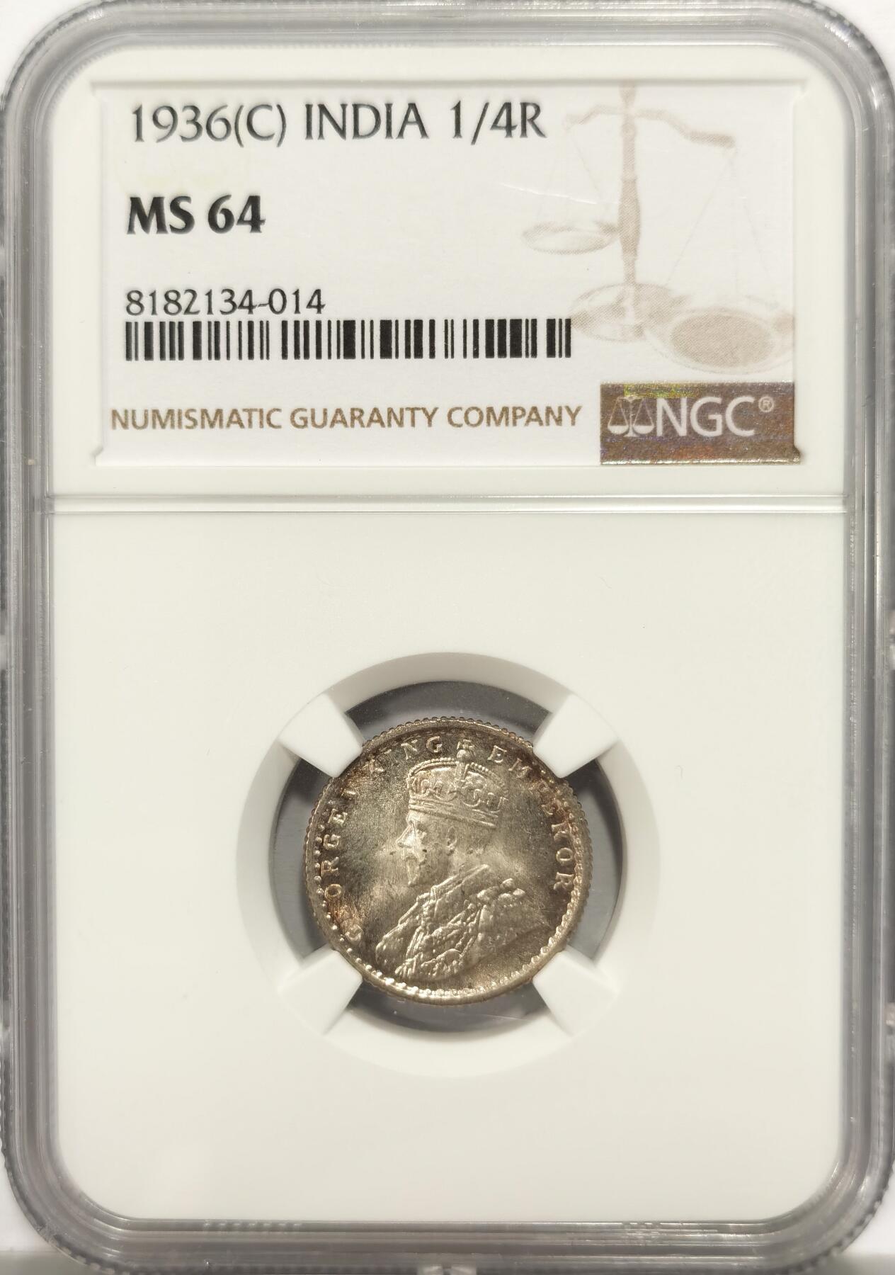 博洋堂世界钱币拍卖第135期（全场包邮）【请留意本场发货时间变化】 NGC MS64 印度1936C乔治五世1/4卢比，银色霜光，状态很好
