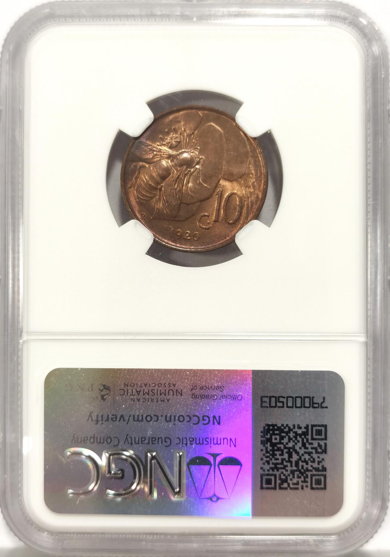 博洋堂世界钱币拍卖第135期（全场包邮）【请留意本场发货时间变化】 NGC MS64RB 意大利1920R蜜蜂10分铜币，BU卷拆状态