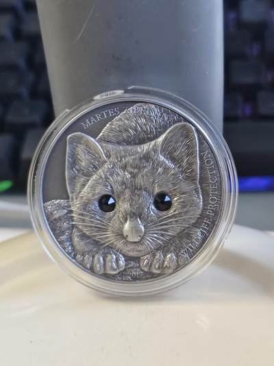 第172期拍卖【长期征集拍品】 - 蒙古2017年草原动物紫貂仿古镶嵌水晶1盎司银币，999银看，发行2500枚,塑料盒有破