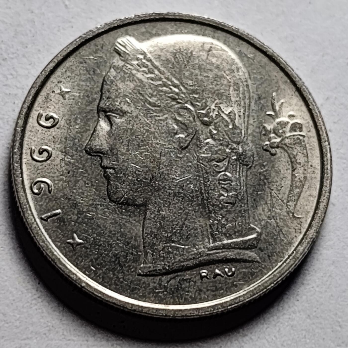 泉币菌-第86场-散币欢乐场 带光美品 比利时1966年1法郎铜镍币（佛兰芒文版BELGIË），谷物女神