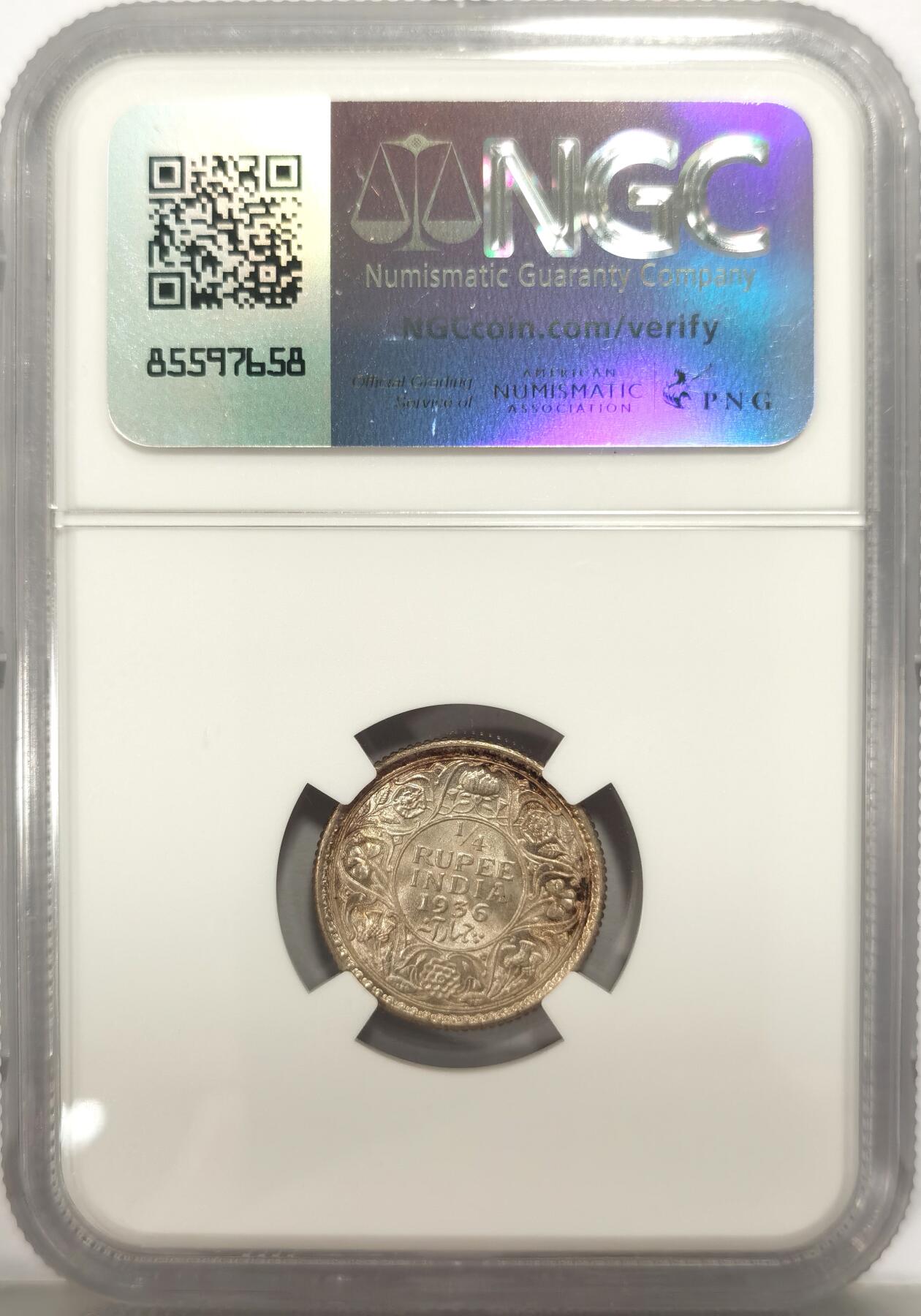 博洋堂世界钱币拍卖第135期（全场包邮）【请留意本场发货时间变化】 NGC MS64 印度1936C乔治五世1/4卢比，银色霜光，状态很好