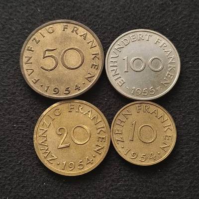 【全场包邮】纯粹捡漏拍452场-低佣金银币套币场 - 德占萨尔1954-1955年好品相4枚套币