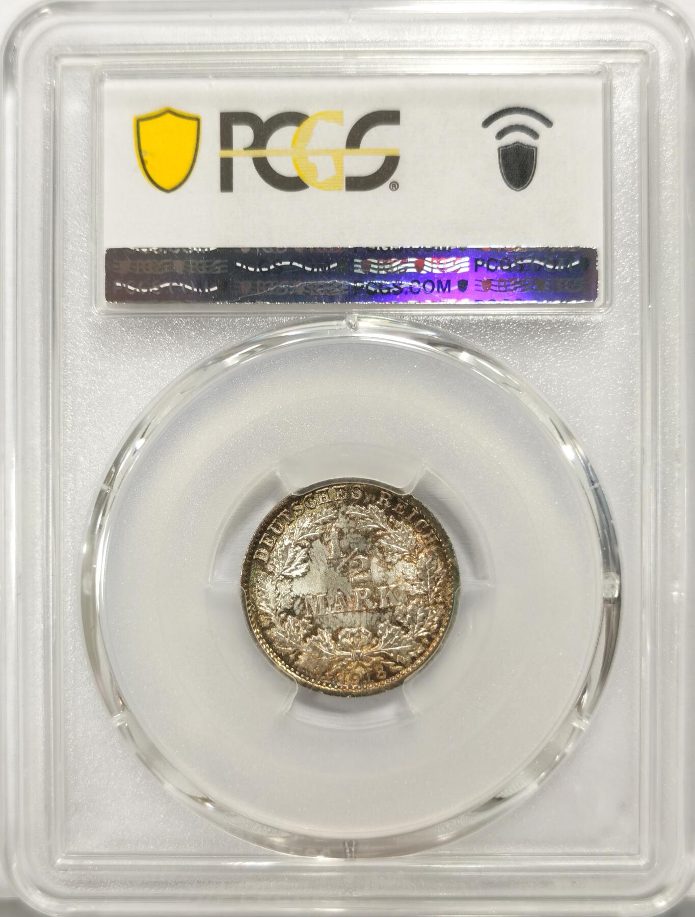 博洋堂世界钱币拍卖第135期（全场包邮）【请留意本场发货时间变化】 PCGS MS67 德国第二帝国1918年流通1/2马克银币，黄金彩，超高分！